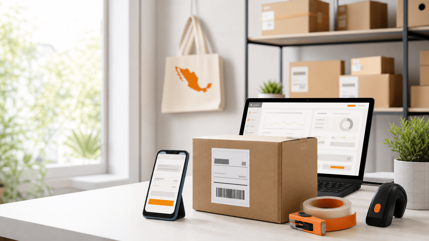 Mesa de trabajo con paquetes, etiqueta de envío y herramientas digitales para vendedores en México